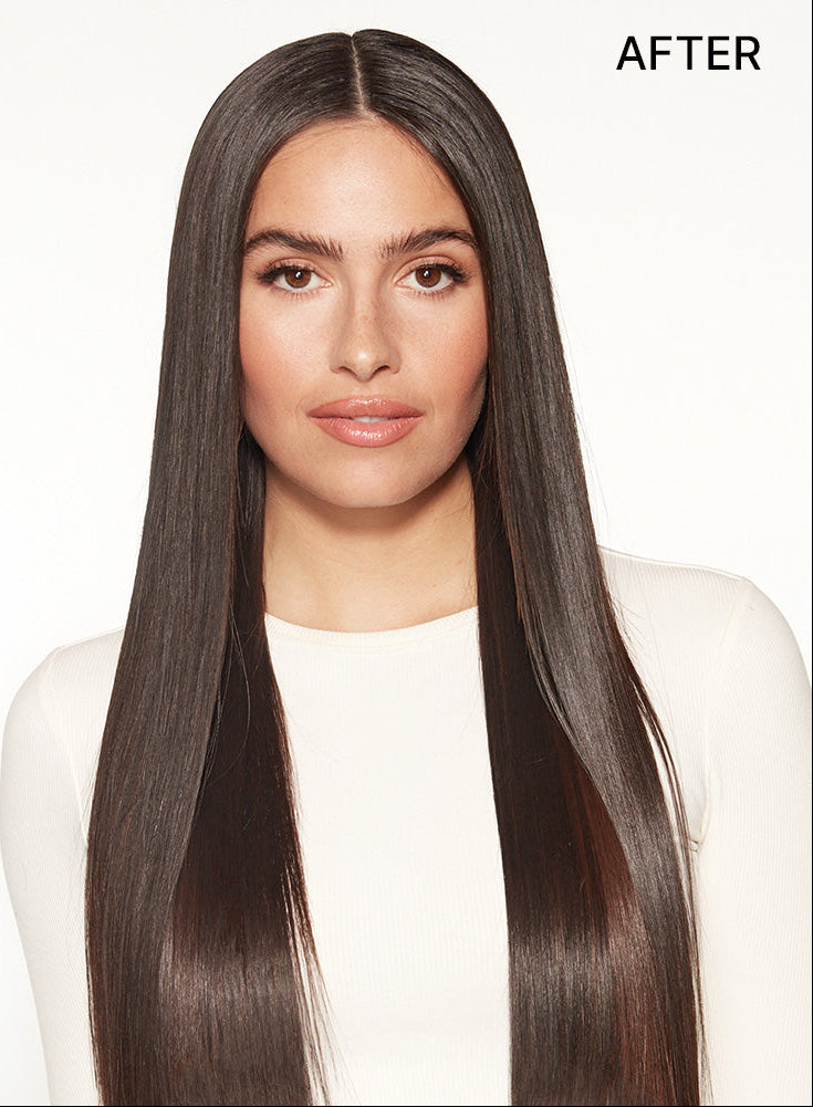 Before and after comparison of a woman with long, wavy hair and straightened hair.